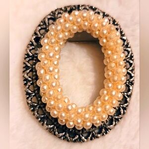 Vintage Oval Faux Pearl On Gun Metal Filigree Beaded Brooch Pin